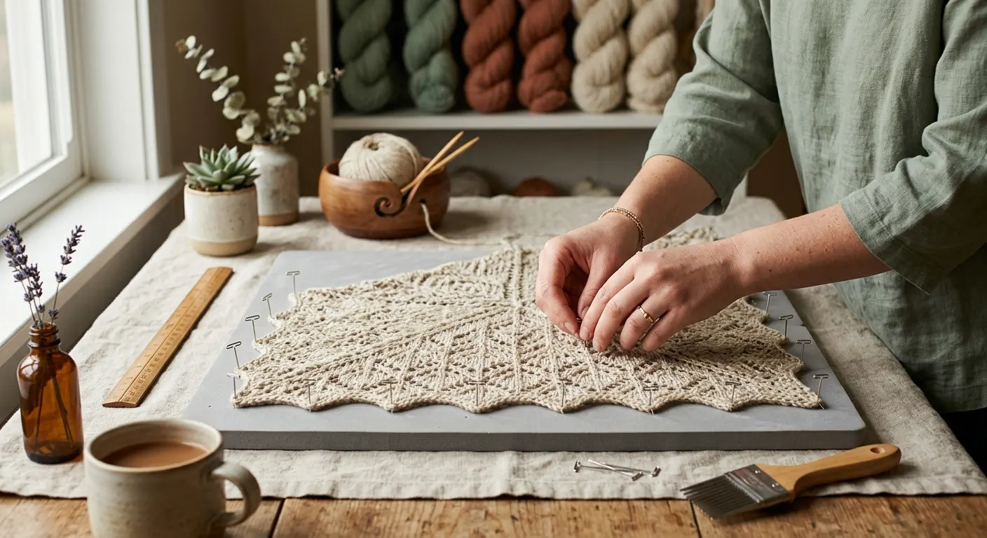 A lace knitting shawl pinned flat on foam blocking mats with T-pins, the open lace pattern fully extended, a ceramic bowl of wool wash nearby on a linen surface, soft diffused light