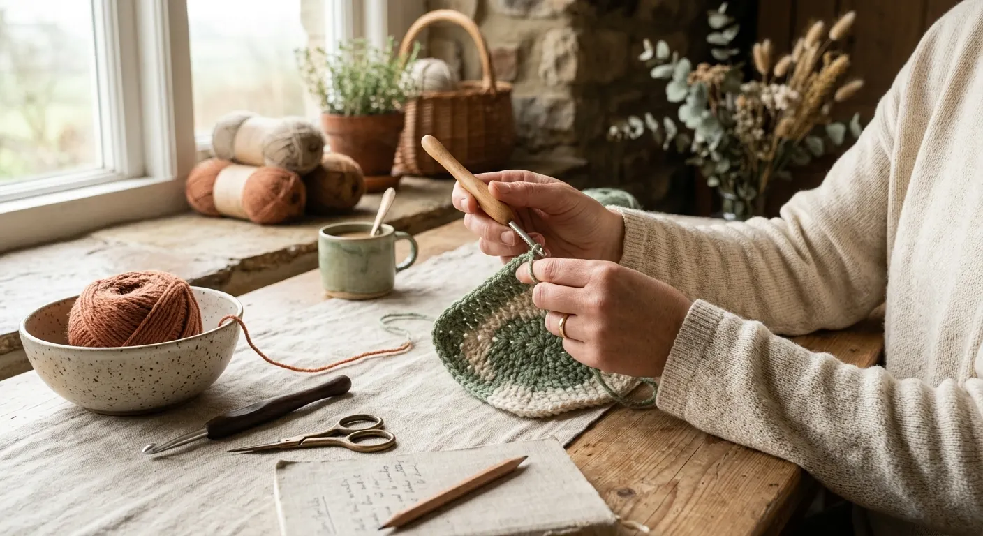 Ergonomic crochet hooks with soft elastomer handles resting on a ceramic bowl beside a half-finished crochet swatch, warm oat-toned tabletop, natural afternoon light