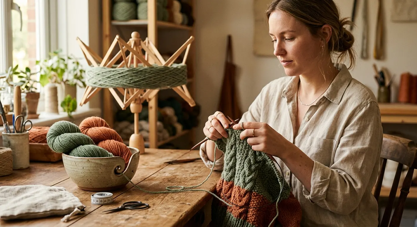 A crafter at a wooden worktable with circular knitting needles and sage-green yarn in a ceramic bowl, warm afternoon light